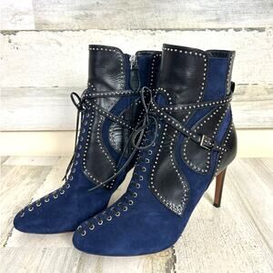 Alaïa Paris Womens 8 Blue Suede Black Leather Studded Ankle Boots Designer Italy